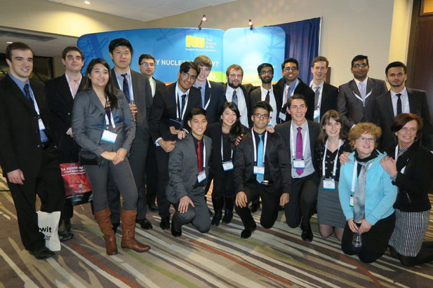 UOIT student delegation at the Canadian Nuclear Association Conference and Trade Show in Ottawa, Ontario (February 2016). Below right: Yue (Eddy) Zhou (Bachelor of Engineering in Nuclear Engineering, class of 2016); Dr. George Bereznai, Professor and Director, Industry Training Program, FESNS; Eric Choi (Master of Applied Science in Nuclear Engineering, class of 2017).
