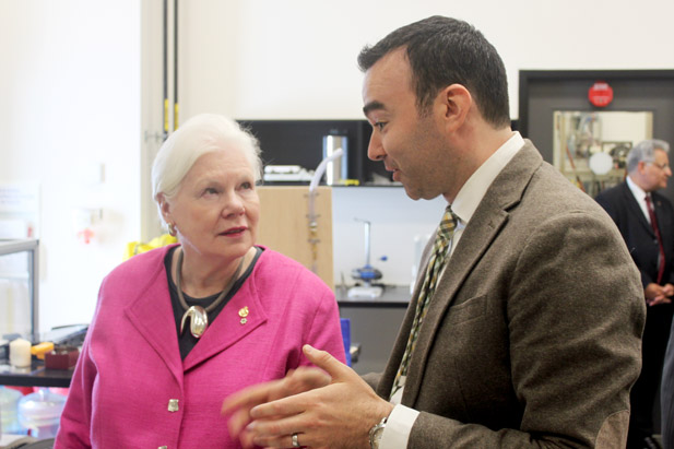 The Honourable Elizabeth Dowdeswell, Lieutenant Governor of Ontario chats with Dr. Brendan MacDonald, Assistant Professor, UOIT Faculty of Engineering and Applied Science during a tour of the university's Clean Energy Research Laboratory (May 20, 2016).