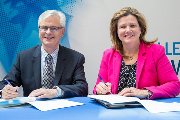 From left: Tim McTiernan, UOIT President and Vice-Chancellor; Anne O'Brien, Director of Education, Durham Catholic District School Board (inset: representatives of the university and school board at the signing of the Memorandum of Understanding, July 12, 2016).