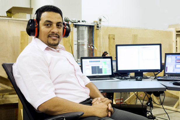 Dr. Atef Mohany, Associate Professor, UOIT Faculty of Engineering and Applied Science, in the university's AeroAcoustics and Noise Control Laboratory. 