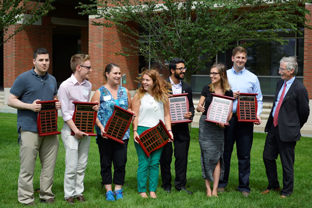 2016 Student Research Showcase award winners (from left): Jacob Morra (Faculty of Engineering and Applied Science); Cameron Wright (Faculty of Health Sciences); Maria Victoria Navy (Faculty of Social Science and Humanities); Sara Kyriakopoulos (Faculty of Education); Devarsh Pandya (Faculty of Energy Systems and Nuclear Science); Sierra Dargan (Faculty of Science); Ralph Laite (Faculty of Business and Information Technology); Michael Owen, Vice-President, Research, Innovation and International.  