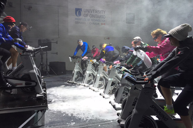 2016 Ontario Shores Extreme Challenge in the ACE Climatic Wind Tunnel raises funds for charity as participants pedal spin bikes in bone-chilling cold conditions.