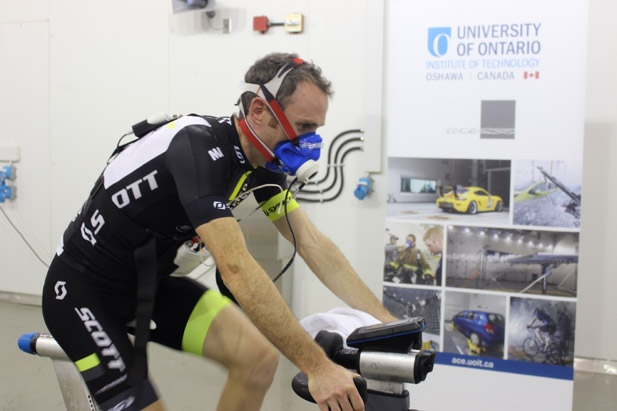 Canadian professional mountain biker Derek Zandstra (Trenton, Ontario) challenges simulated hot and humid conditions inside one of ACE's climate chambers at the University of Ontario Institute of Technology.