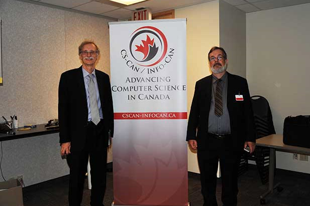 Dr. Mark Green  (right), Professor and Associate Dean, UOIT Faculty of Science, with Dr. Jorg-Rudiger Sack, Professor, Carleton University at the launch of Computer Science Canada/Information Canada (CS-CAN/INFO-CAN) at Ottawa's Rideau Club (Setpember 22, 2016). 