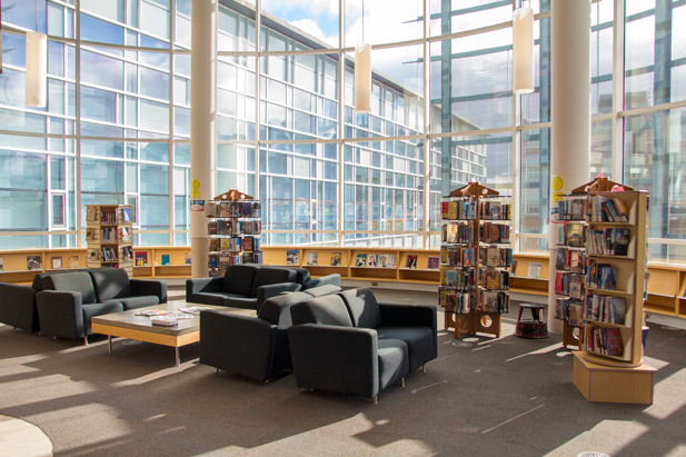 Fireside Reading Room in the Campus Library at the university's north Oshawa location.