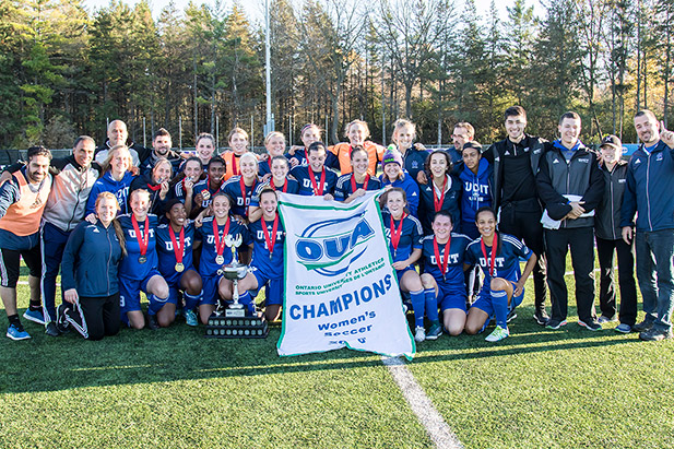 Ridgebacks women's soccer team celebrate their provincial win.