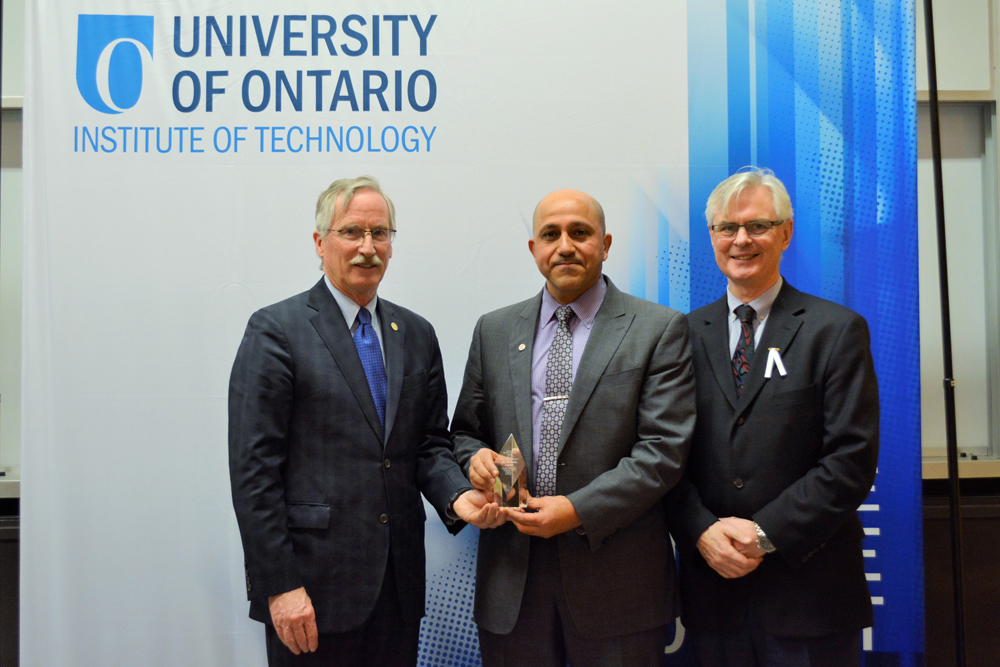 Research Excellence Award (senior researcher): Hossam Gaber, Faculty of Energy Systems and Nuclear Scienc, cross-appointed to the Faculty of Engineering and Applied Science (with Micheal Owen, Vice-President, Research Innovation and International; and Tim McTiernan, President and Vice-Chancellor).