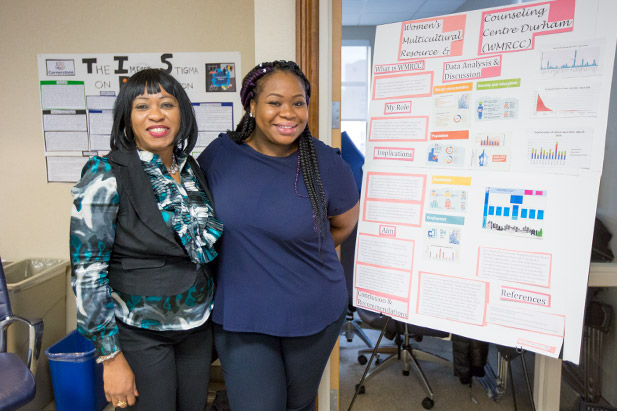 From left: Esther Anyolu, Women’s Multicultural Resource Centre of Durham (Faculty of Social Science and Humanities community partner) with practicum placement student Sandra Edobar (Legal Studies, class of 2017).