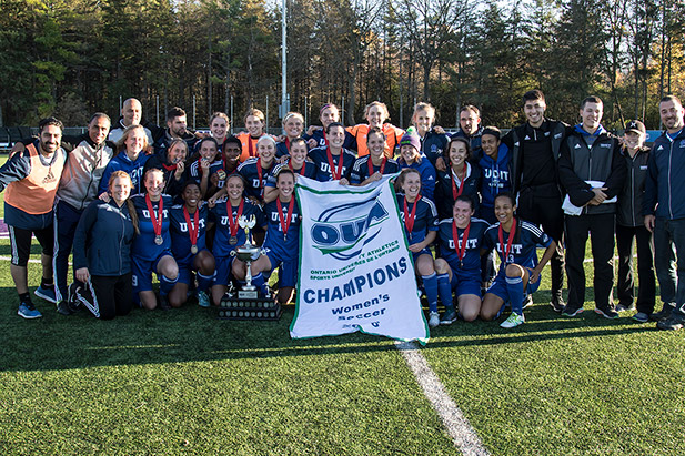 The UOIT Ridgebacks women's soccer team celebrates the university's first-ever provincial OUA sports championship on November 6. The Ridgebacks defeated Queen's in the title game in London, Ontario. 