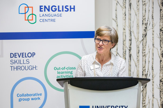 Judith Herringer, PhD, Manager of the university's English Language Centre, speaks at the official opening ceremony (January 11, 2017).