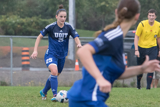 Katherine Koehler-Grassau of the UOIT Ridgebacks women's soccer team leads an attack during a 2016 home game at Vaso's Field.