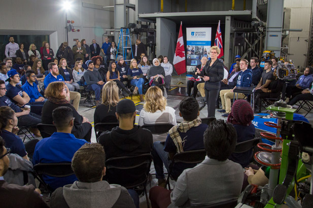 Premier Kathleen Wynne holds question and answer round table with University of Ontario Institute of Technology students in ACE Climatic Wind Tunnel. 