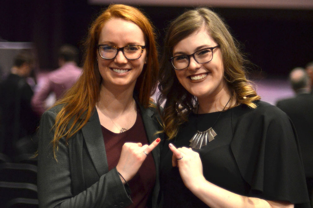 Janelle Calvert (Mechanical Engineering (Energy and Management), 2012), presents ring to Natalie Maheu (Mechanical Engineering (Mechatronics), class of 2017. As family friends, Janelle supported Natalie through her journey at UOIT. Janelle works at Lakeside Process Controls in Application Engineering, Analytical Systems. Natalie will begin working at Honda Canada in May.