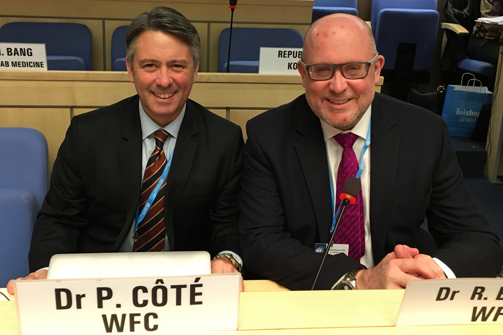 Dr. Pierre Côté (left) with Dr. Richard Brown, Secretary-General. World Federation of Chiropractic at the WHO Rehabilitation 2030 Conference in Geneva, Switzerland. 