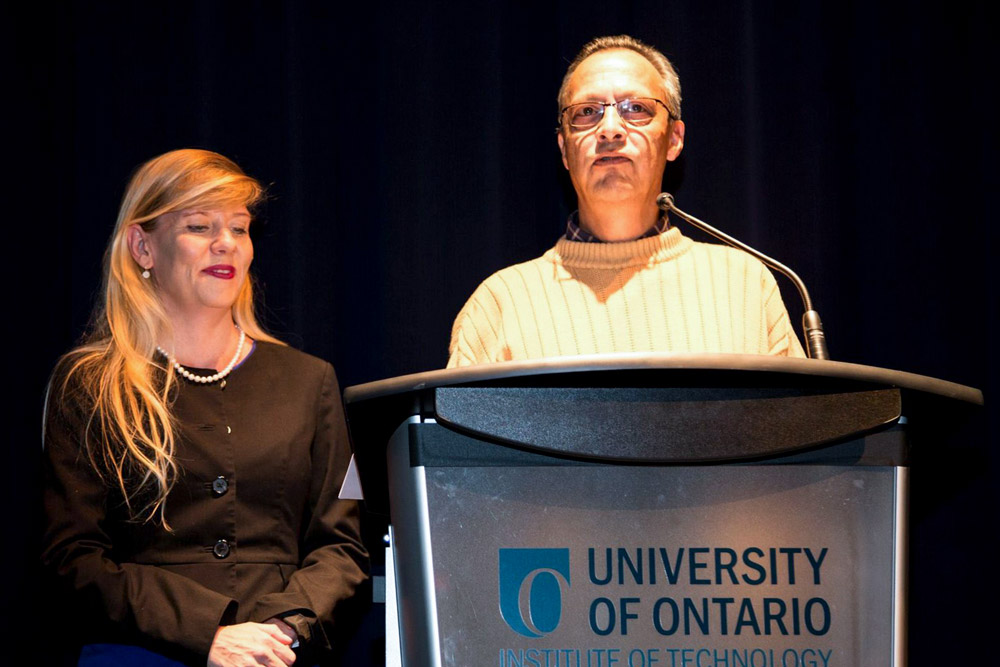 Steve Paikin was welcomed by the Faculty of Social Science and Humanities' Isabel Pedersen (left) and Shahid Alvi