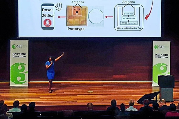 University of Ontario Institute of Technology PhD candidate Ololade Sanusi makes her presentation April 12 at the Ontario Three Minute Thesis competition (hosted by the University of Waterloo).