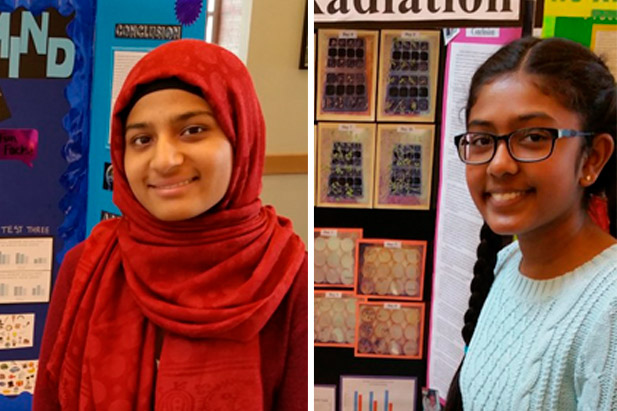 2017 Durham Regional Science Fair grand prize winners (from left): Ayeman Faridi (Grade 11, J. Clarke Richardson Collegiate, Ajax) and Ayanna Jeyakanthan (Grade 7, Roland Michener P.S., Ajax). Both advance to the Canada-Wide Science Fair in Regina, Saskatchewan from May 15 to 20.