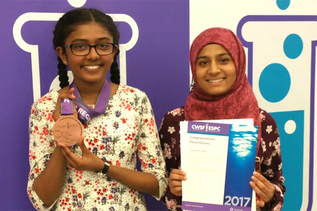 From left: 2017 Durham Regional Science Fair grand prize winners Ayanna Jeyakanthan (Grade 7, Roland Michener P.S., Ajax) and Ayeman Faridi (Grade 11, J. Clarke Richardson Collegiate, Ajax) both won special awards at the Canada-Wide Science Fair in Regina, Saskatchewan from May 15 to 20.