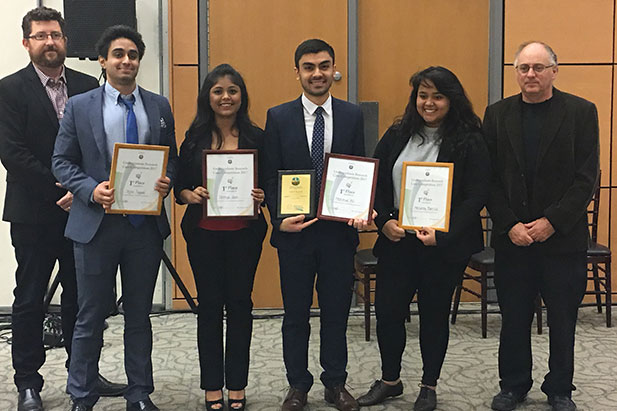 From left: Dr. Adam Fleming, Assistant Professor, Department of Pediatrics, Division of Hematology-Oncology, McMaster University; UOIT Faculty of Science Life Sciences students Tejus Tuppal, Shreya Jain, Mahmud Ali and Melanny Barrios (who won the Students Advancing Brain Cancer Research Undergraduate Research Competition at McMaster University in Hamilton, Ontario); and Dr. Joseph Megyesi, Neurosurgeon, Joseph Megyesi Clinic in London, Ontario. Inset image: Dr. George Stamatiou, Senior Lecturer and Laboratory Co-ordinator, Faculty of Science (students' supervisor). 