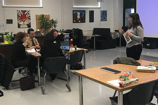 Faculty of Education STEAM 3D Maker Lab researcher Laura Dobos demonstrates the benefits of the Arduino Uno microcontroller board to teachers with the Algonquin and Lakeshore Catholic District School Board in Napanee, Ontario. 
