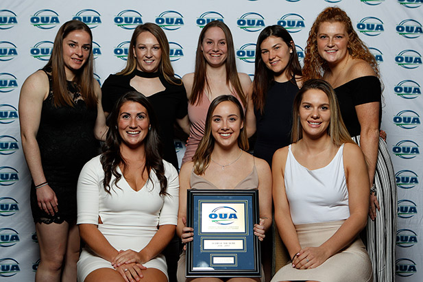 Members of the Ridgebacks women's soccer team celebrate being named OUA Team of the Year at the OUA Honour Awards Banquet in Huntsville, Ontario.