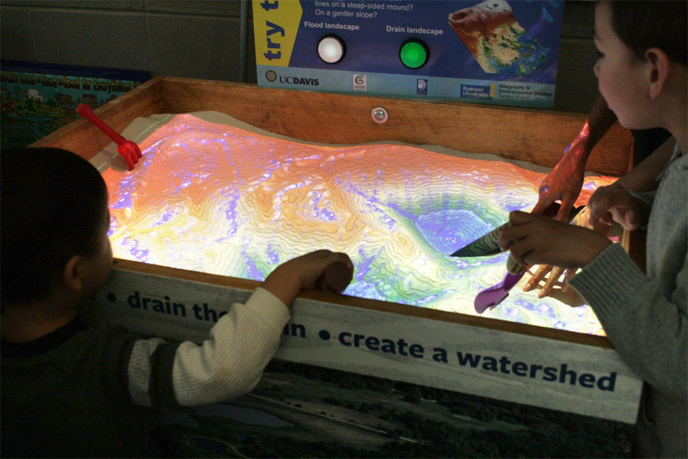 Shaping Watersheds, presented by the Central Lake Ontario Conservation Authority, investigated rainfall, flooding, water flow, creation and destruction of landforms, using a sandbox, computer and augmented reality.