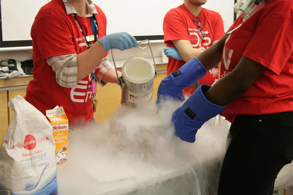 Scientists make ice cream using liquid nitrogen.