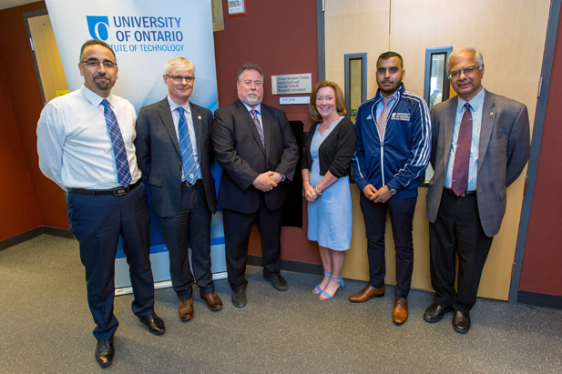 From left: Hossam Kishawy, PhD, Interim Dean, Faculty of Engineering and Applied Science (FEAS); Tim McTiernan, PhD, UOIT President and Vice-Chancellor; Mel Hyatt, President-Elect, PWU; Adele Imrie, Chair, UOIT Board of Governors; Mohammed Yasin Ali, Electrical Engineering master’s degree student (FEAS); Vijay Sood, PhD, Associate Professor, FEAS. 