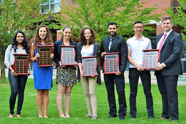 2017 Student Research Showcase prize recipients. From left: Bridve Sivakumar, Faculty of Health Sciences; Leanna Calla, Faculty of Science; Allison Saunders (Faculty of Education - project partner Alex Gadanidis unavailable); Irina Levit, Faculty of Social Science and Humanities; Rahul Vaghasia, Faculty of Engineering and Applied Science;  Jason Chang (non-UOIT student project partner); and Ralph Laite, Faculty of Energy Systems and Nuclear Science. Absent: Matthew Coe, Faculty of Business and Information Technology. 