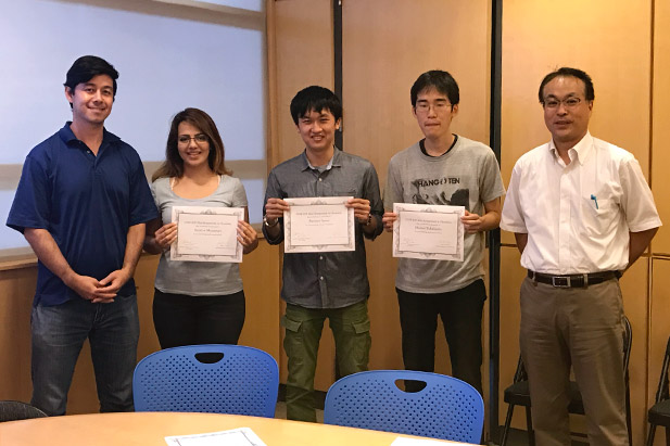 Student award winners for the 2017 UOIT-KIT Symposium in Chemistry. From left: Professor Jean-Paul Desaulniers, Faculty of Science, University of Ontario Institute of Technology (UOIT); Samira Mansouri, UOIT Master of Science candidate; Kazuya Inoue, Kyushu Institute of Technology (KIT) graduate student; Shuhei Takahashi, KIT graduate student; and Professor Mitsuru Kitamura, KIT (not shown, Veronica Cavallari, UOIT Master of Science candidate).   