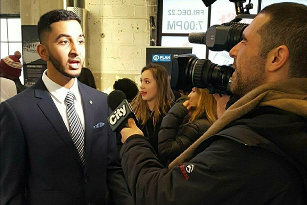 First-year Life Sciences (Biology) student Amir Siddique being interviewed by media o at 'The Economics of Equality', an event co-organized by the Economics Club of Canada and Plan Canada International (November 28, 2017).