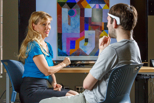 Isabel Pedersen, PhD (left) is the university's Canada Research Chair in Digital Life, Media and Culture. Her research laboratory (shown) is located in Bordessa Hall at the university's downtown Oshawa location. 