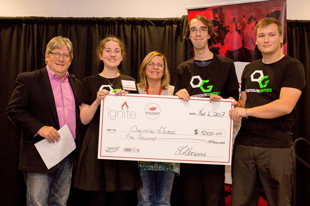 Ominous Games wins Spark Centre's Ignite 2017 Student Entrepreneur competition. From left: Jeff Quipp, Founder and CEO, Search Engine People;  Samantha Stahlke, Ominous Games (OG); Sherry Colbourne, CEO, Spark Centre; Josh Bellyk, OG; Owen Meier, OG (image by: Trinity Design Photography).