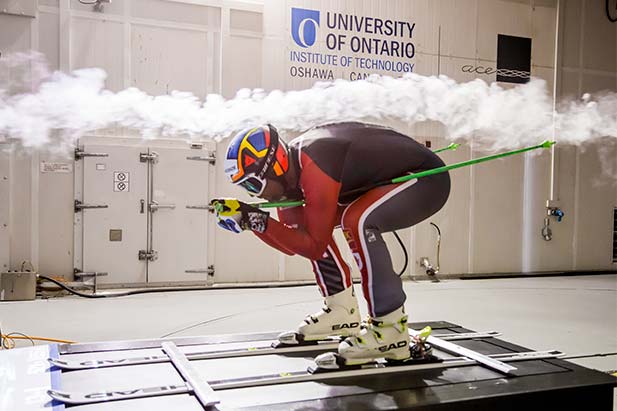 In advance of the Pyeongchang Winter Olympic Games, Alpine Canada athletes helped test Quixskinz high-performance ski suits in race-like 130 km/h winds in front of the nozzle of the ACE Climatic Wind Tunnel (University of Ontario Institute of Technology, October 2017). 