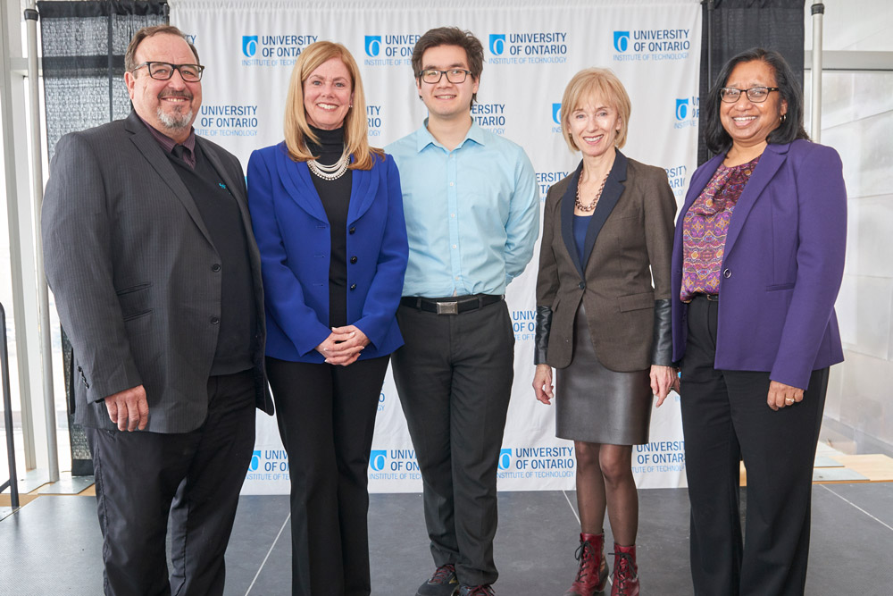 3MT judges panel (finals). From left: Patrick Reber, Colleen McMorrow, Brian Yee, Mary Mogford, Arlene Ali.