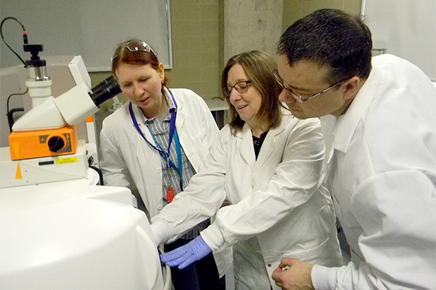 From left: Faculty of Science materials science researchers Olena Zenkina, PhD, Liliana Trevani, PhD, and Brad Easton, PhD have received new Canada Foundation for Innovation funding for new equipment in the university's Surface Characterization Laboratory. 