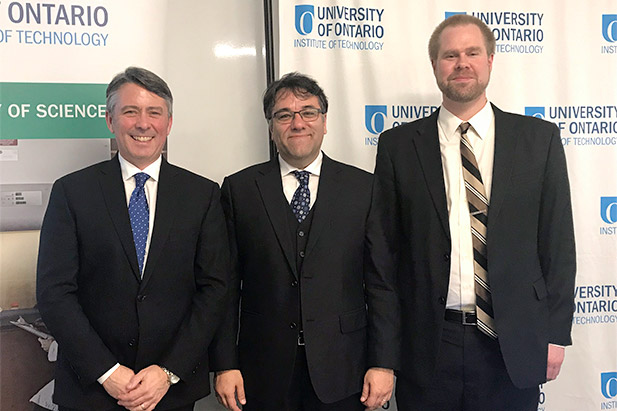 From left: Pierre Côté, PhD, Associate Professor, Faculty of Health Sciences; Shahryar Rahanmayan, PhD, Associate Professor, Faculty of Engineering and Applied Science; and Hendrick de Haan, PhD, Assistant Professor, Faculty of Science. 