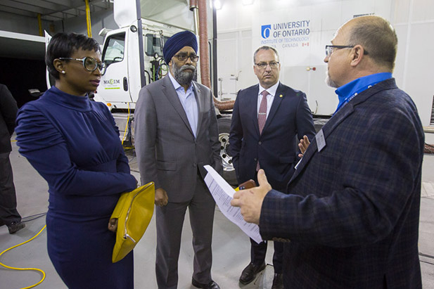 From left: Celina Caesar-Chavannes, MP, Whitby, and The Honourable Harjit Singh Sajjan, Minister of National Defence, tour the ACE Climatic Wind Tunnel with Steven Murphy, PhD, President and Vice-Chancellor, University of Ontario Institute of Technology and John Komar, Director, Engineering and Operations, ACE.