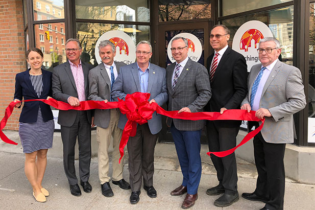 From left: Amanda Smith, Managing Director, Canadian Urban Institute; Don Lovisa, President, Durham College; Leo Groarke, PhD, President and Vice-Chancellor, Trent University; John Henry, Mayor, City of Oshawa; Steven Murphy, PhD, President and Vice-Chancellor, University of Ontario Institute of Technology; Brent Sleep, PhD, Chair, Department of Civil & Mineral Engineering, University of Toronto; and Joe Muldoon, Head of Trent University Durham Greater Toronto Area.