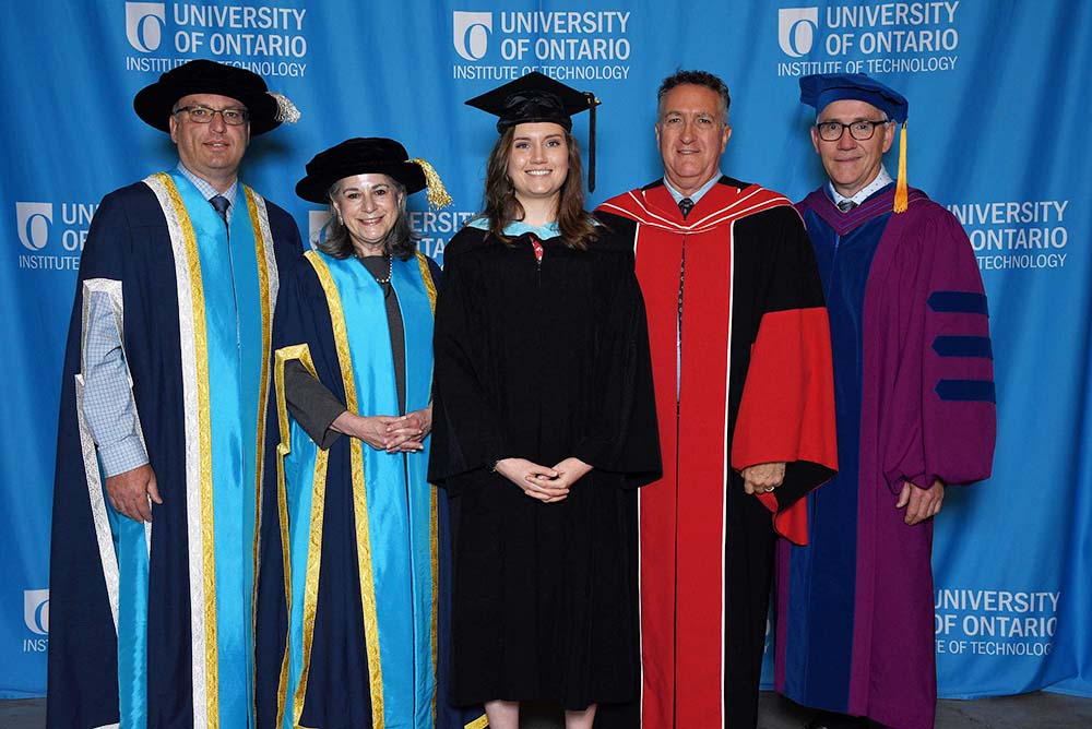 From left: President Steven Murphy; Chancellor Noreen Taylor; Elizabeth Finlan, FEd medal winner; Maurice DiGiuseppe, FEd Dean; Robert Bailey, Provost and Vice-President, Academic