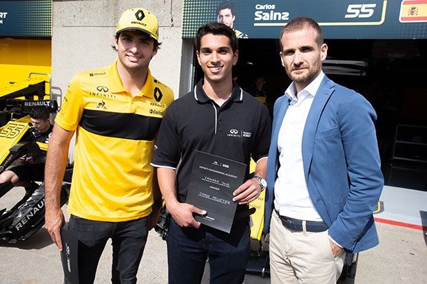 From left: Carlos Sainz, Renault Sport Formula One™ driver; Chase Pelletier, 2018 INFINITI Engineering Academy Canadian winner and Automotive Engineering graduate, University of Ontario Institute of Technology, class of 2018; Tomasso Volpe, Global Motorsport Director, INFINITI (June 2018, Montreal, Quebec. Image courtesy INFINITI Canada).