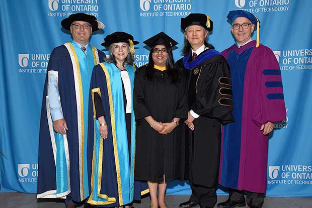 From left: Steven Murphy, PhD, President and Vice-Chancellor; Noreen Taylor, Chancellor; Kimberley Fernandes,  Faculty of Energy Systems and Nuclear Science (FESNS); Akira Tokuhiro, PhD, Dean, FESNS; Robert Bailey, PhD, Provost and Vice-President, Academic (Interim).