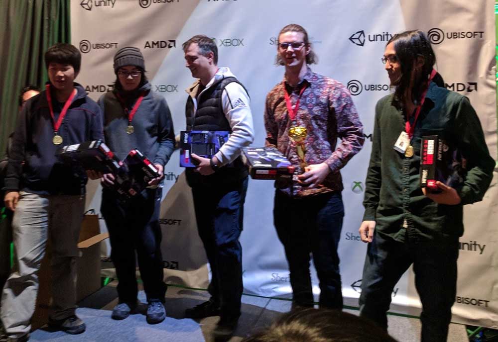 The university’s team Product of Primes (from left: Jacky Yang, Danny Luk, Tom Tsiliopoulos, Connor Smiley and Joss Moo-Young) took home the prestigious Technical Innovation Award for their game PRIMEOPS.