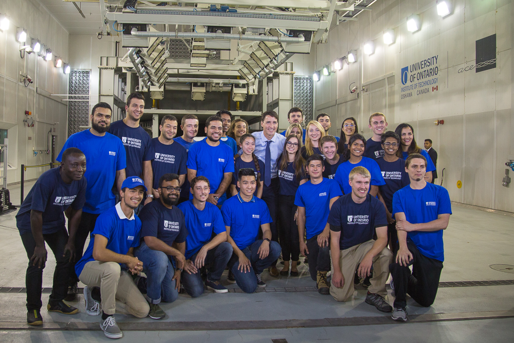 Prime Minister Justin Trudeau with Faculty of Engineering and Applied Science students at the University of Ontario Institute of Technology.