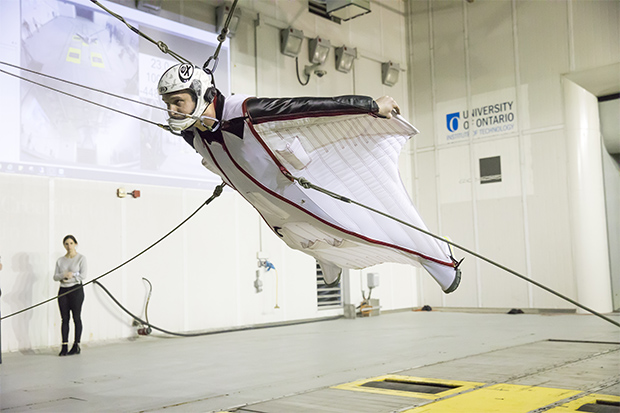 Inside the ACE Climatic Wind Tunnel, British aerospace engineer Dr. Angelo Grubisic tests the capabilities of his wingsuit design in preparation for a world-record altitude jump (12 kilometres) and longest-ever flight in a wingsuit.