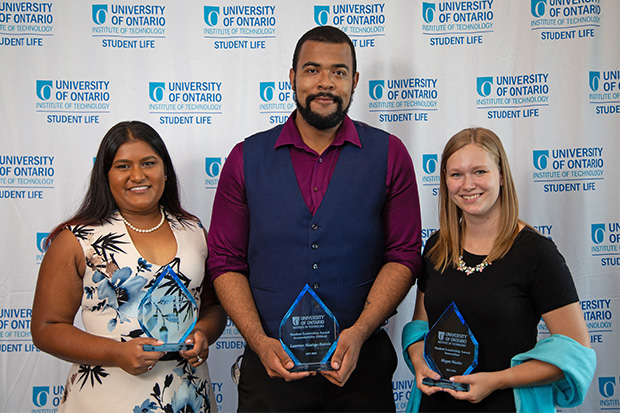 From left: 2018 Student Leadership Award winners Marissa George, Lawrence Akintoye-Bentola and Megan Weales. Absent from ceremony: Hamdi Jimale and Hafsah Hoda.