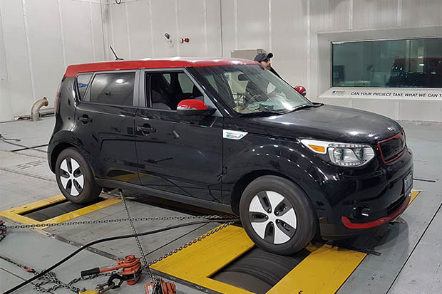 Electric vehicle testing inside the University of Ontario Institute of Technology's ACE Climatic Wind Tunnel.