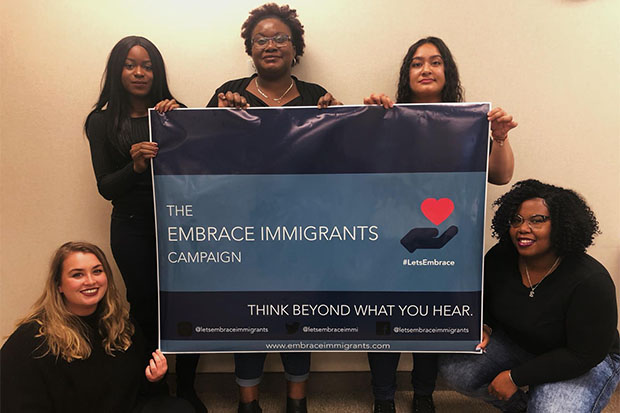 Embrace Immigrants team (from left): Madison Charman, Kishale Moore, Esther James Charles, Ana Figueras, Eltisha Wright-Smith (see Better Together team in photo gallery section below).    