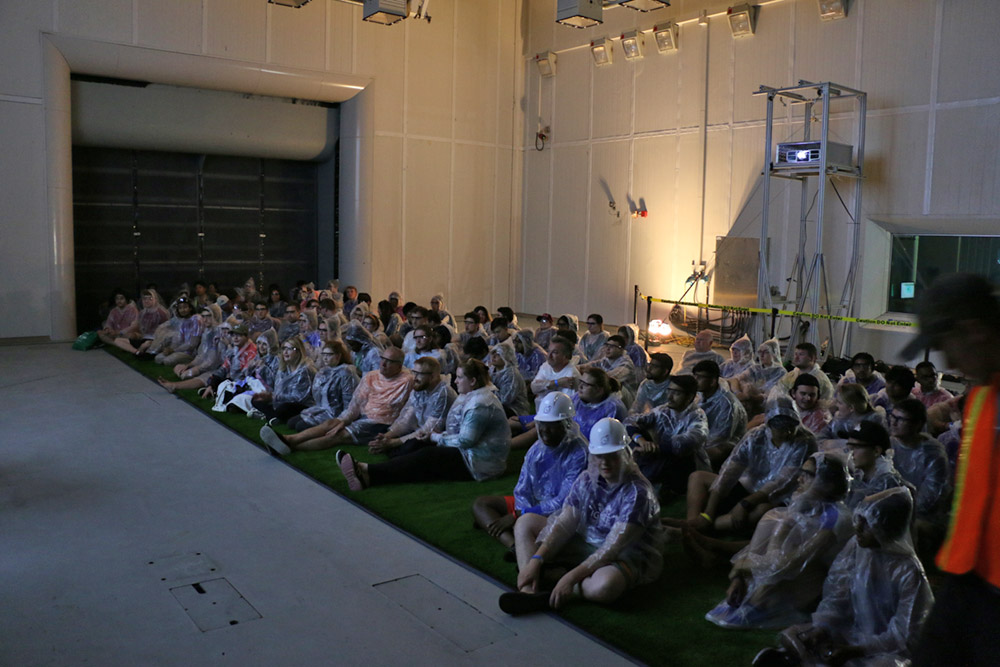 Audience prepares for the movie Twister inside the ACE Climatic Wind Tunnel.
