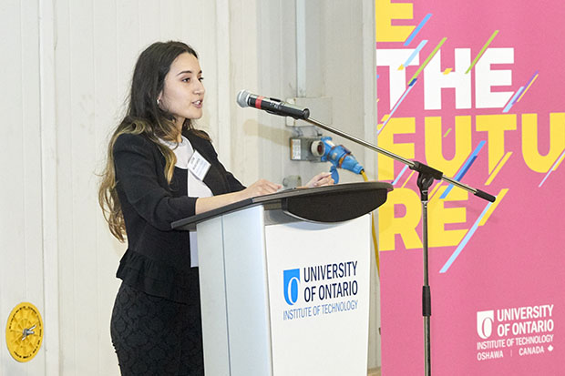 Master's degree student  (and 2017 Computer Science graduate) Luisa Rojas Garcia addresses the audience at the University of Ontario Institute of Technology's launch of the Women for STEM program (in the ACE Climatic Wind Tunnel, November 7, 2018).